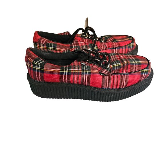 TUK RED TARTAN‎ ANARCHIC CREEPER Plaid Gothic Punk Vegan Size 7W 5M - Picture 4 of 6